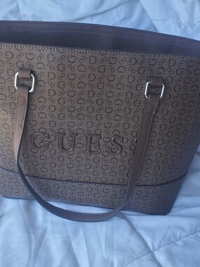 GUESS Brown Logo Monogram Tote with Leather Trim